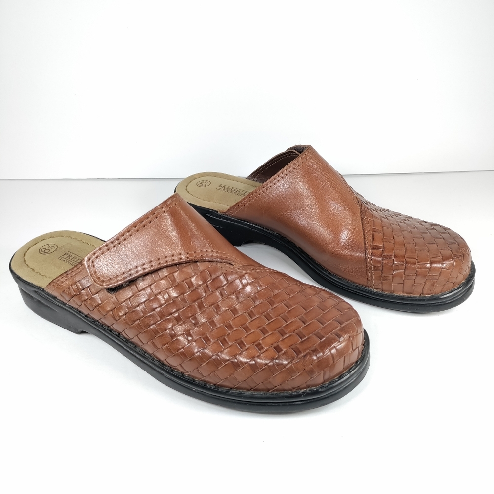 Predictions Leather Collection Clogs Womens 8.5 Brown Woven Leather Adjustable